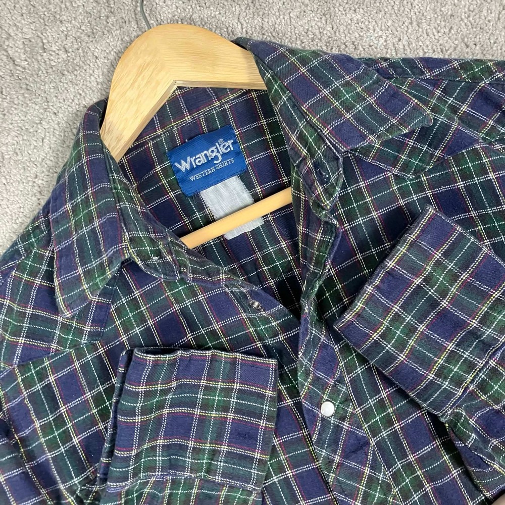 Vintage Wrangler Western Shirt Mens L Navy Blue Green Plaid Pearl Snap Flannel